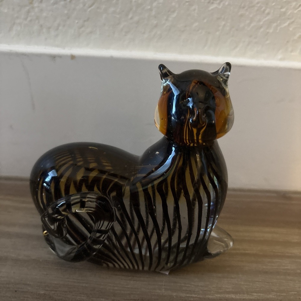 Murano Glass Style Striped Cat Paper Weight Handblown Art Glass Figurine Decor